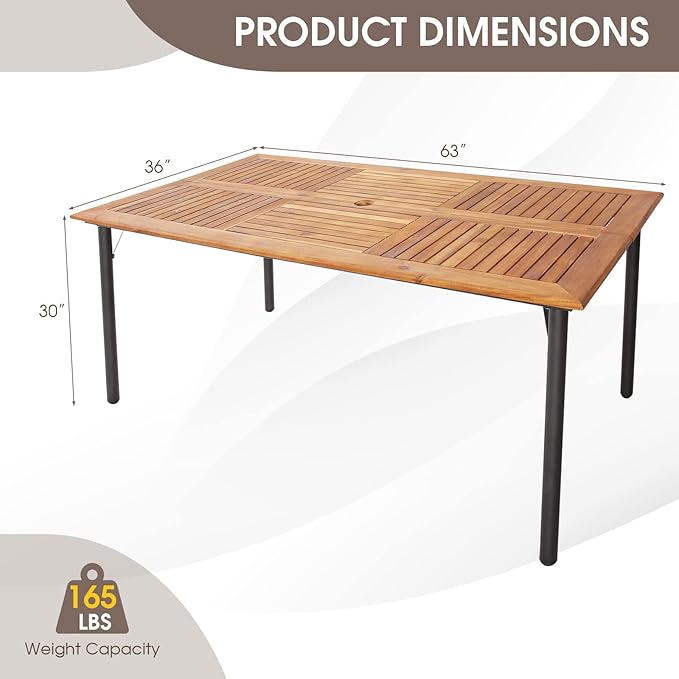 Tangkula 63" Acacia Wood Patio Dining Table for 6, Rectangular 6-Person Outdoor Dining Table with Metal Legs & Umbrella Hole, Indoor Outdoor Dining Furniture for Deck, Garden, Poolside & Backyard