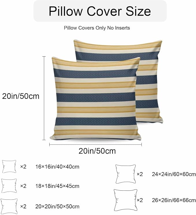 Vandarllin Outdoor Throw Pillows Covers 16x16 inch Set of 2 Waterproof Navy Blue Stripes Lines Decorative Zippered Cushion Covers for Patio Furniture, Yellow Classic Striped Lumbar Pillowcases