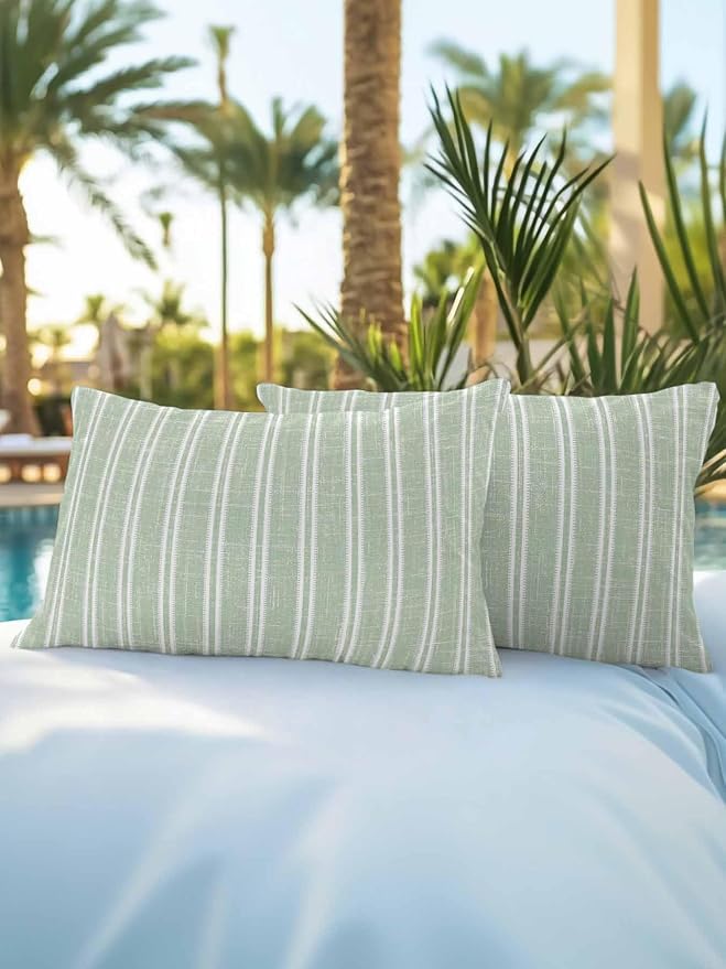Waterproof Outdoor Pillow Set of 2 Green Linen Striped Decorative Throw Pillows Cover & Insert 20x12 Inch Lumbar Pillowcase Vertical Stripes Lines Pillows for Couch Sofa Bed Patio Furniture