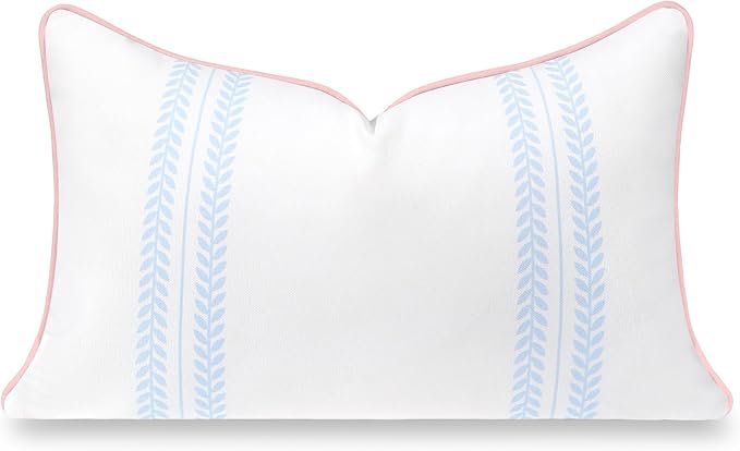 Hofdeco Premium Coastal Grandmillennial Patio Indoor Outdoor Lumbar Pillow Cover Only, 12"x20" Water Repellent for Backyard, Couch, Poolside, Baby Blue Pink Print Leaf Striped