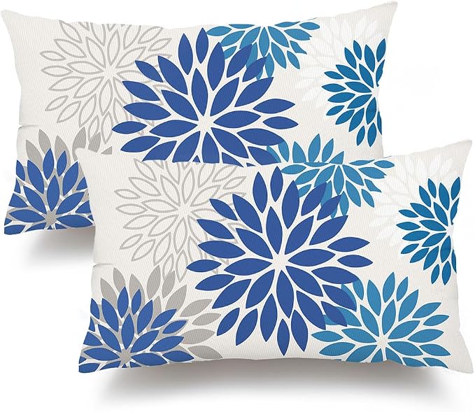 DFXSZ Outdoor Waterproof Pillow Covers 12x20 Set of 2 DarkLight Blue Flower | Spring Summer Waterproof Flower Throw Pillowcases（No Inserts）Outdoor Decor for Patio Funiture Garden Polyester Covers