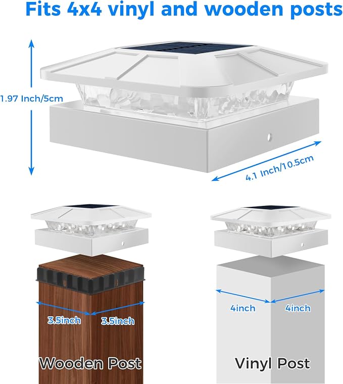 6 Packs 4x4 Post Solar Lights with 3 Modes, Waterproof LED Solar Powered Cap Lights for 4×4/3.5×3.5 Wood/Vinyl Posts, White Post Top Lighting Outdoor for Fence Deck Mailbox Porch Railing