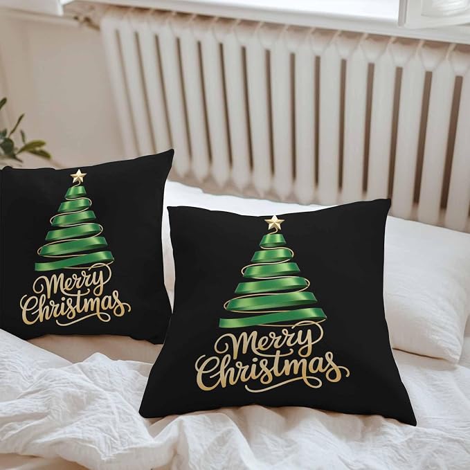 Black Christmas Tree Outdoor Pillow Covers 20 x 20 Inches, Green Xmas Tree with Star Waterproof Throw Pillow Cover Set of 2, Christmas Black Decorative Square Cushion Covers for Patio/Couch