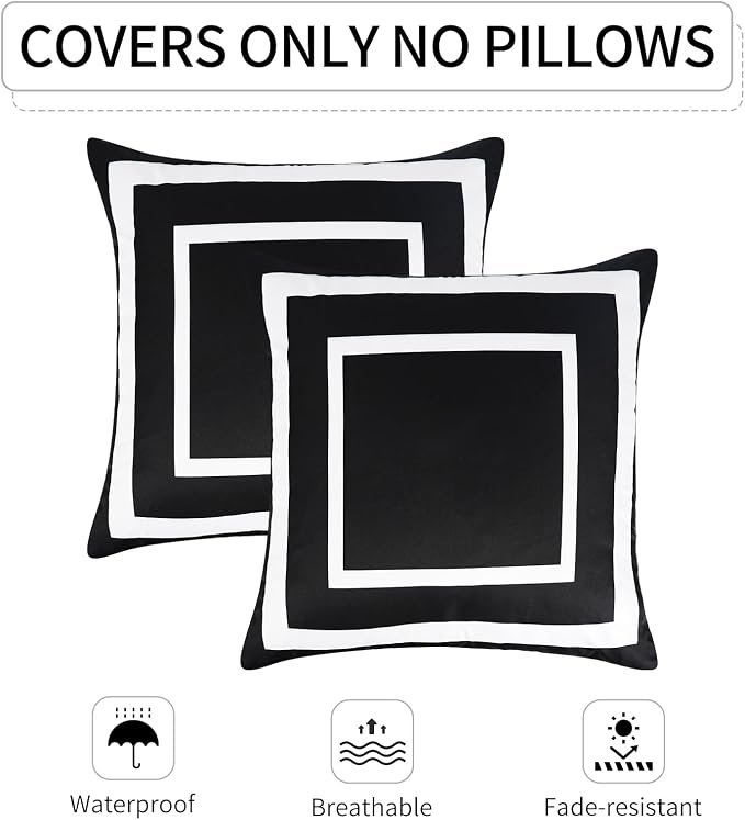 Pyonic Outdoor Waterproof Throw Pillow Covers 18 X 18 Inches Black and White Geometric Modern Pillow Covers for Patio Garden Porch Set of 2