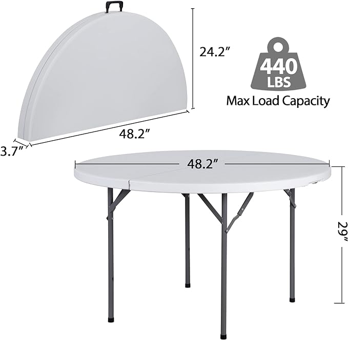 48" Round Folding Table Plastic Card Table Circle Dining Table Heavy Duty Portable w/Handle for Picnic Party Camping Dining Wedding Event Indoor Outdoor Lightweight White