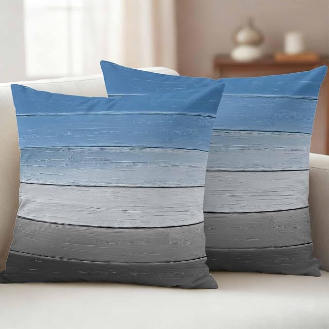 Blue Gray Outdoor Pillow Covers 16x16 Inch Throw Pillow Covers Set of 2 Waterproof Decorative Pillow Cases Vintage Farmhouse Gradient Wooden Grain Art Cushion Covers for Patio Furniture Garden Couch