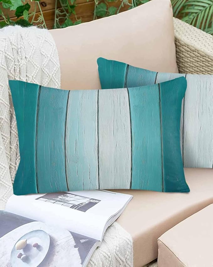 Lumbar Pillow Covers 20x12 Inch Set of 2, Aqua Ombre Waterproof Outdoor Cushion Covers, Vintage Country Wooden Decorative Pillowcases for Couch, Sofa, Bed, Garden, Patio
