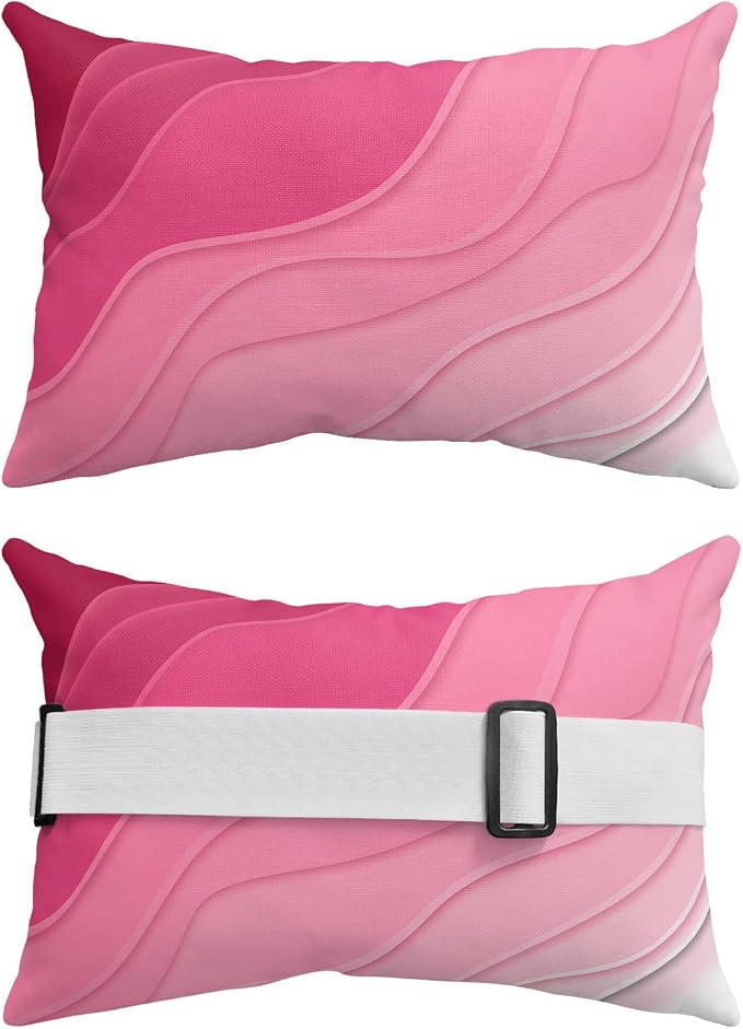 Geometric Ombre Chaise Lounge Pillows Outdoor, Aesthetic Pink White Gradient Abstract Head Pillows, Modern Waterproof Patio Furniture Lumbar Pillows with Adjustable Elastic Strap for Recliner Beach