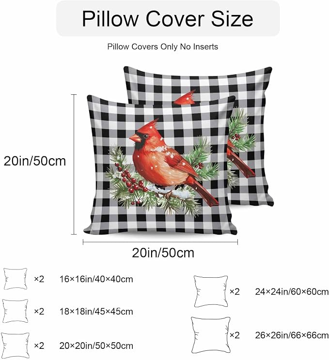 Vandarllin Christmas Outdoor Throw Pillows Covers 24X24 Set of 2 Waterproof Red Cardinals Decorative Zippered Lumbar Cushion Covers for Patio Furniture, White Black Buffalo Check Plaid