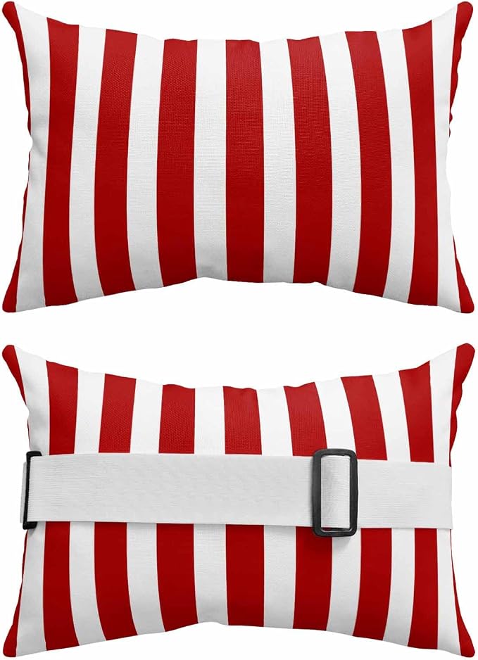 DecorLovee Red Striped Outdoor Recliner Pillows for Head, Christmas Waterproof Chair Pillow with Elastic Stripe, Farmhouse Red White Stripes Chaise Lounge Headrest Pillow for Patio/Pool 2Pack, 11"x16"