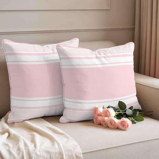 Vandarllin Outdoor Throw Pillows Covers 26x26 inch Set of 2 Waterproof Pink Stripes Decorative Zippered Cushion Covers for Patio Furniture, Striped Lines Lumbar Pillowcases