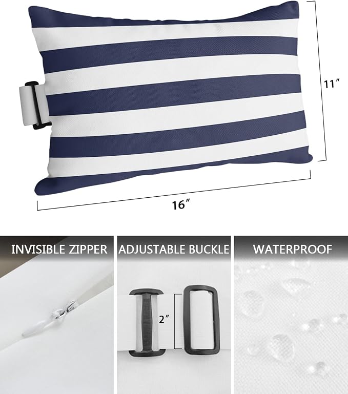 Recliner Head Pillows Lounge Chair Pillows with Insert Navy Blue White Stripe Lumbar Pillows with Adjustable Strap Outdoor Waterproof Patio Pillows for Couch Beach Pool Office Chair, 1 PCS