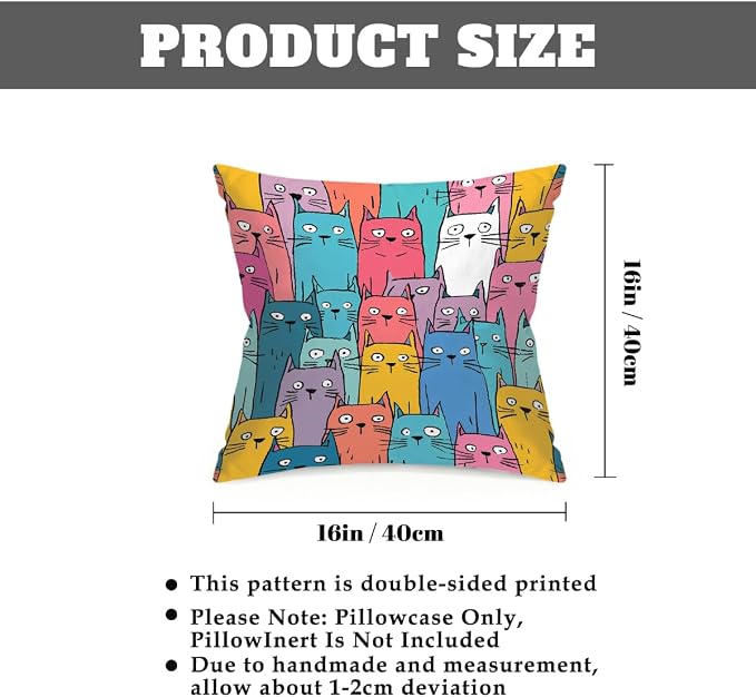 16x16 Inch Outdoor Pillow Covers Set of 2 Waterproof Throw Pillow Covers Decorative Couch Cushion Covers Colorful Cats Pattern Square Pillowcases Protectors for Patio Garden Sofa