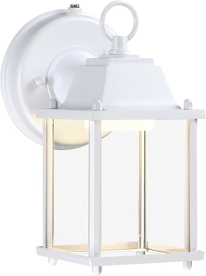 Outdoor Wall Light Fixture Dusk to Dawn, Rustproof Aluminum, LED | Exterior Porch Light Wall Sconce Lantern for House, Patio, Garage, Waterproof, Glass, 9.5W 800 Lumen, 3000K, White, 1 Pack