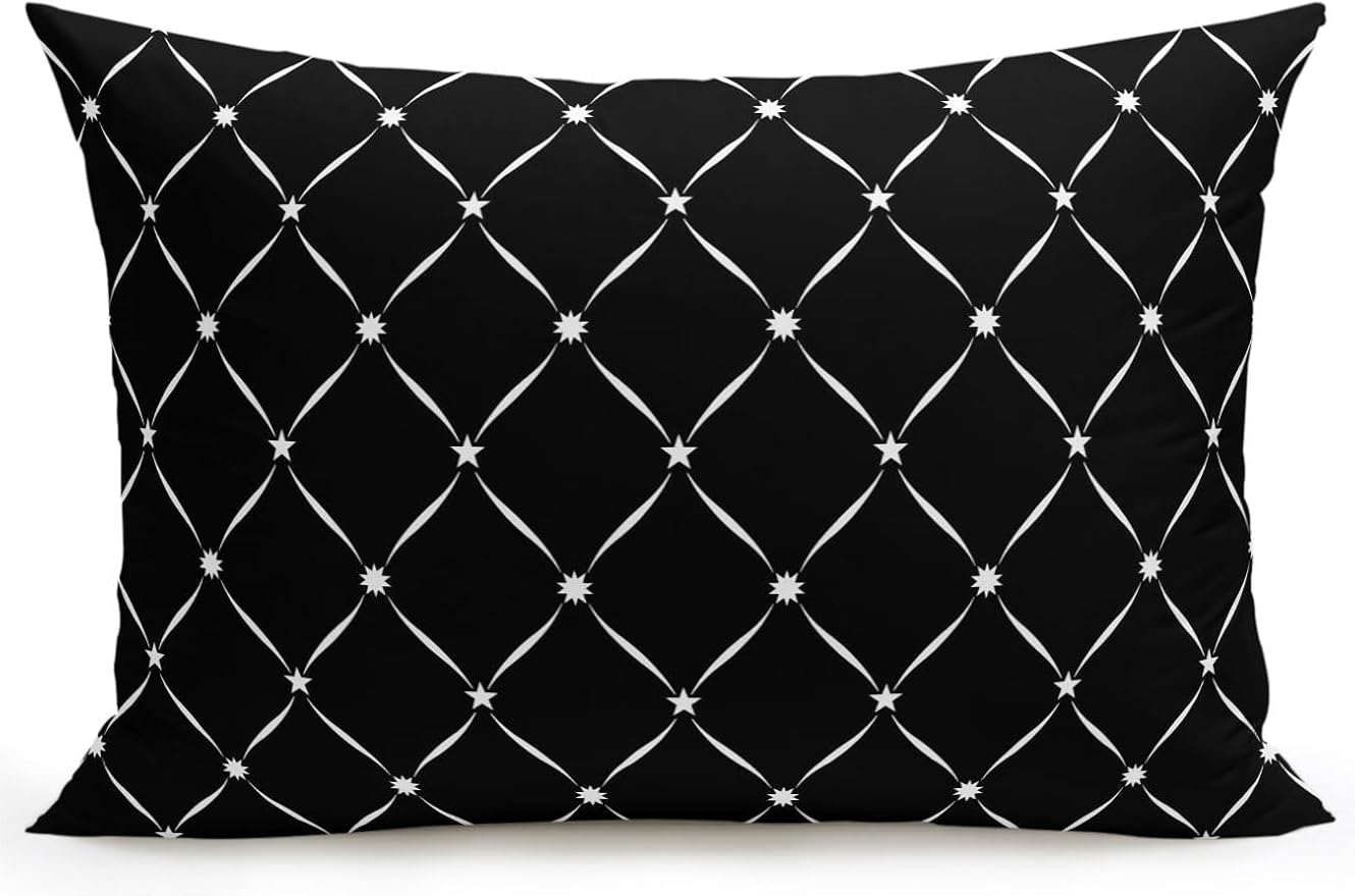 Vandarllin Waterproof Outdoor Pillow 1 Pack Black Grid Plaid Decorative Throw Pillows Cover & Insert 20x12 Inch Lumbar Pillowcase Diagonally Crossed Lines Pillows for Couch Sofa Bed Patio Furniture