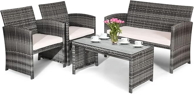 HAPPYGRILL 4 Piece Patio Conversation Set with Soft Cushions Rattan Furniture Set with PE Wicker Coffee Table & Sofa Chairs for Garden Poolside Porch Backyard