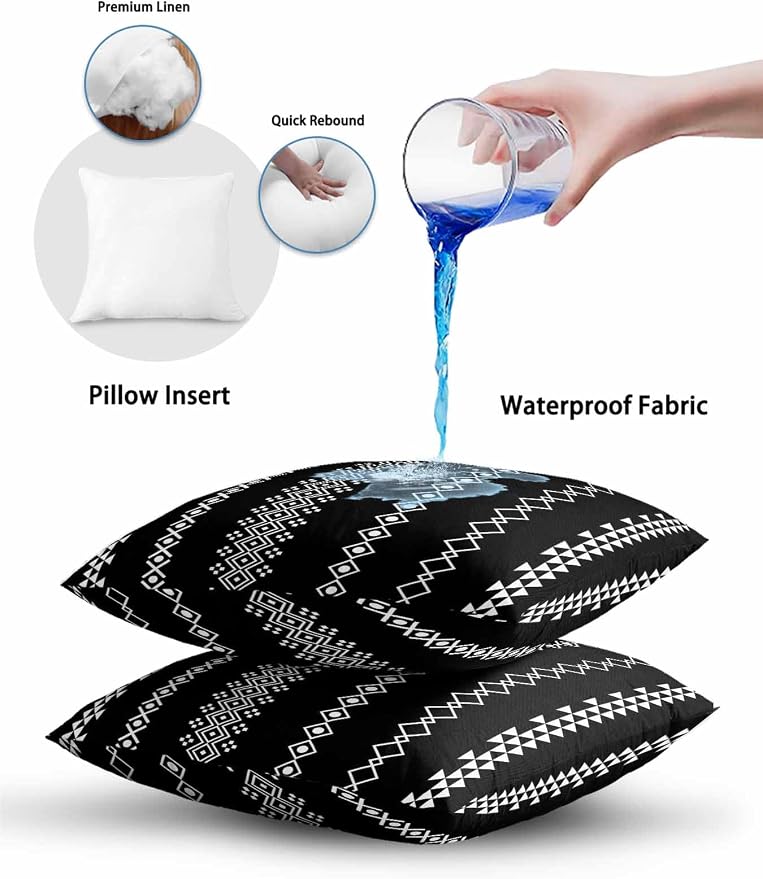 Outdoor Waterproof Throw Pillows 18x18in, Traditional Tribal White Diamond Patio Pillows Pack of 1, Decorative Pillow Covers with Insert, Pillow Cushion Case for Garden Boho Geometric on Black