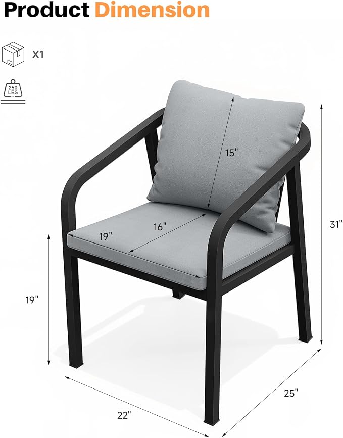 Outdoor Dining Chairs Set of 4, Never-Rust Aluminum Patio Dining Chairs with Removable Cushion, Ergonomic patio chairs with Wraparound Seating Design for Porch, Deck, Commercial, Garden, Black
