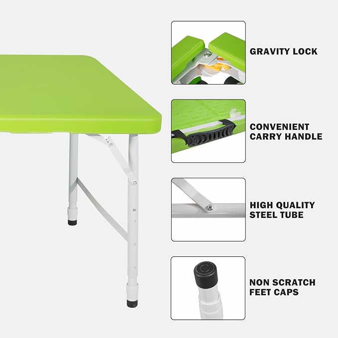 Anwick 4 Foot Folding Table Portable Fold-in-Half Plastic Picnic Table w/Handle and Steel Legs for Indoor, Outdoor, Camping, Party, Garden (Green, 4ft)