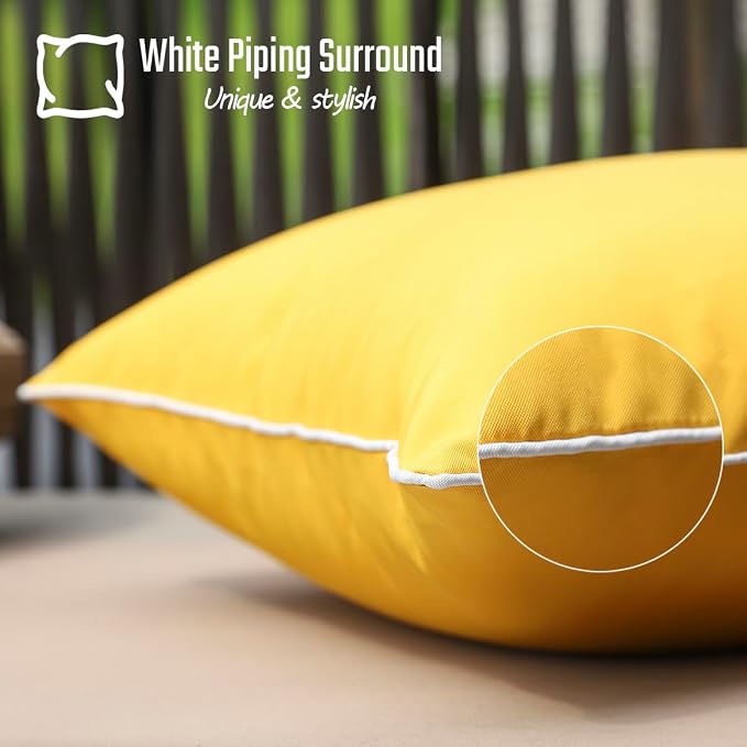 JOJOGOGO Mustard Yellow Waterproof Sun Fade Resistant Lumbar Pillow Covers 12x20 Set of 2, Bright Yellow Summer Outdoor Decorative Pillows 20 x 12 for Patio Furniture (with White Piping)