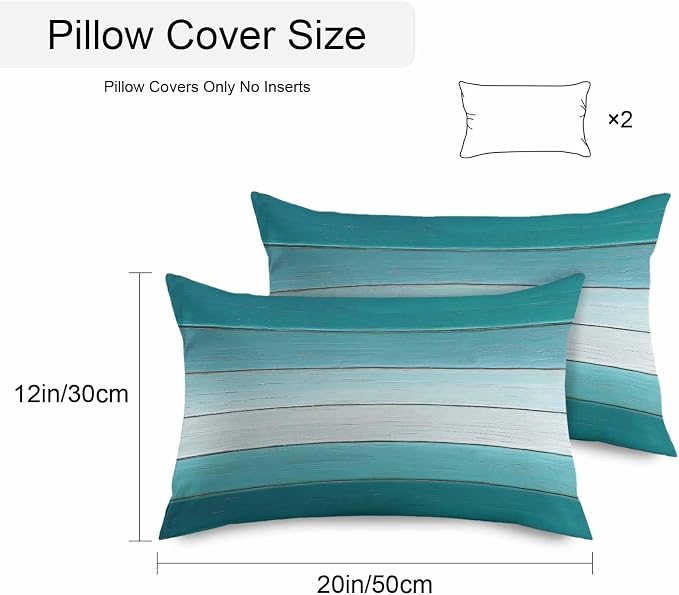 Teal Turquoise Outdoor Pillow Covers 20x12 Inch Lumbar Pillow Covers Set of 2 Waterproof Decorative Throw Pillow Cases Farmhouse Abstract Gradient Wooden Plank Cushion Covers for Patio Furniture
