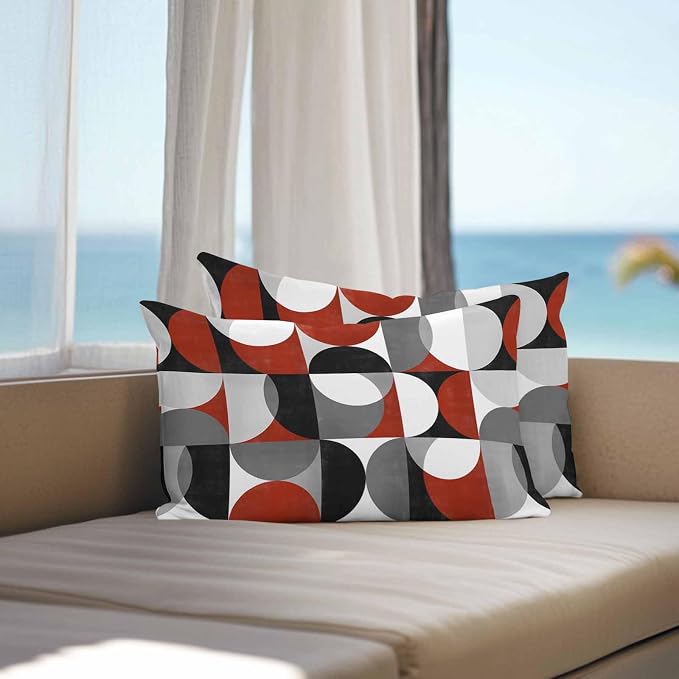 Vandarllin Outdoor Throw Pillows Covers 20x12 inch Set of 2 Waterproof Mid Century Geometric Decorative Zippered Cushion Covers for Patio Furniture, Abstract Modern Red Lumbar Pillowcases