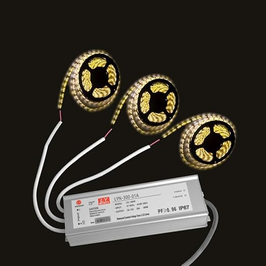 LED Driver 300 Watts (100W X3) 25A Waterproof IP67 Power Transformer Adapter 90-265V AC to 12V DC Low Voltage Output, with 3-pin Plug 3.3 ft LED Cable for LED Lighting Outdoor Light and Any 12V DC