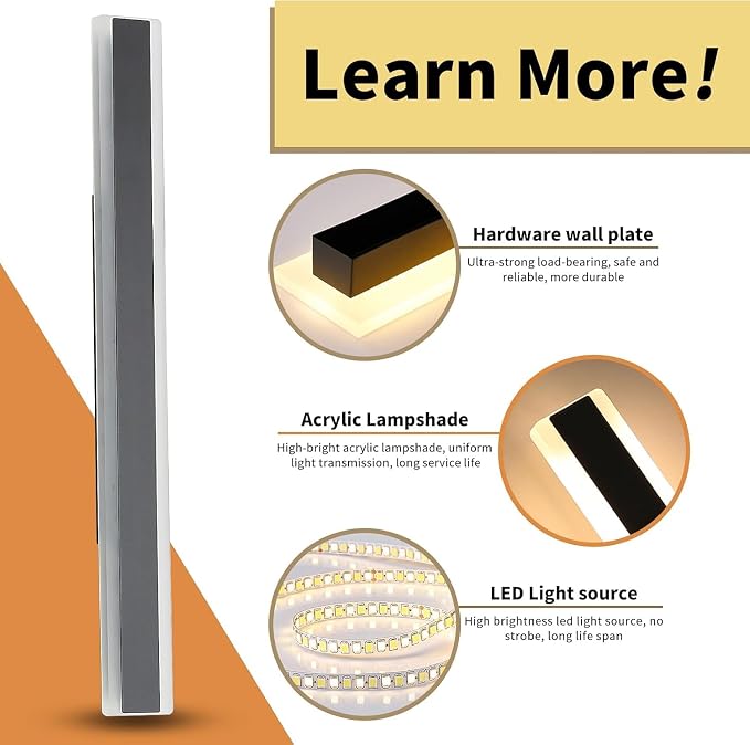 23.6inch Modern Outdoor Light Fixture, 3000K-6000K Dimmable Wall Sconce, IP65 Waterproof Linear Exterior LED Lights, Long Strip Garage Lighting Outside for Porch, Patio, Yard