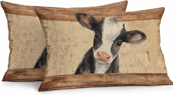 Farmhouse Cow Outdoor Pillow Covers 20x12 Inch Lumbar Pillow Covers Set of 2 Waterproof Decorative Throw Pillow Cases Country Vintage Animals Wooden Grain Cushion Covers for Patio Furniture Garden