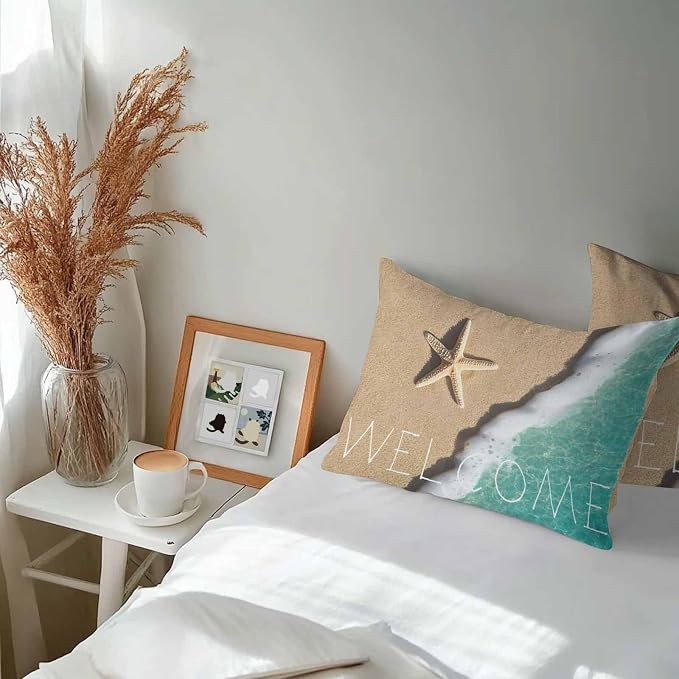 Summer Coastal Outdoor Throw Pillow Cover Ocean Starfish Shells on Beach Waterproof Cushion Covers 2 Pack Welcome Texts Pillow Cases Home Decoration for Patio Garden Couch Sofa 20x12In