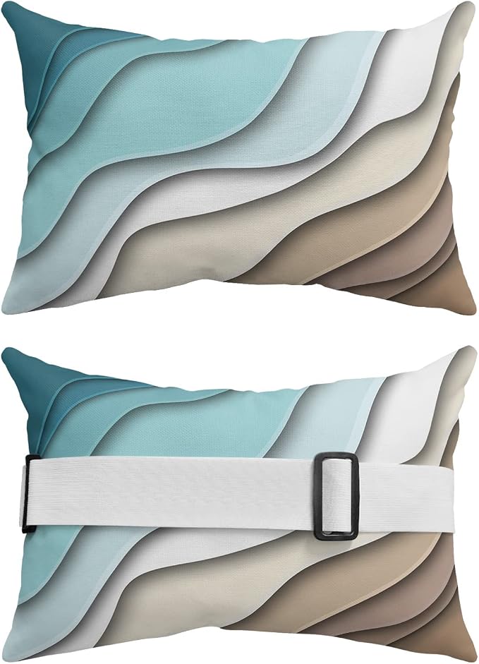 Geometric Ombre Lounge Pillows Outdoor, Aesthetic Turquoise Brown White Gradient Abstract Head Pillow, Modern Waterproof Patio Furniture Lumbar Pillow with Adjustable Elastic Strap for Recliner Beach