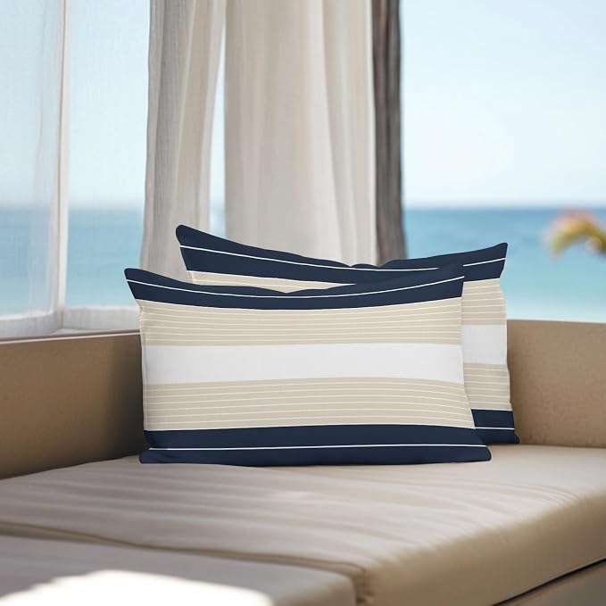 Navy Blue Beige Stripe Outdoor Pillow Covers Waterproof, All Weather Cushion Case Set of 2, Modern Art Horizontal Striped Lumbar Pillowcase for Sofa Couch Bed Decor Patio Furniture 20"x12"