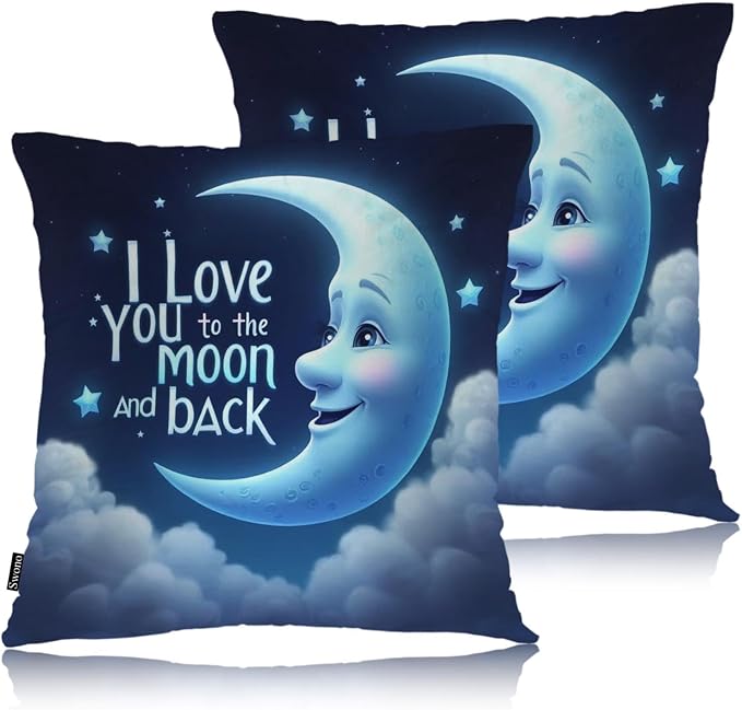 Swono Moon Blue Pack of 2 Throw Pillow Cases, I Love You The Moon and Back Cozy Pillow Cover Square 18"X18" Cushion Case Set Pillowcase Decorative for Home Sofa Bedroom Car Office, Love Phrase