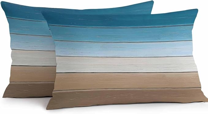 Blue Beige Brown Outdoor Pillow Covers 20x12 Inch Lumbar Pillow Covers Set of 2 Waterproof Decorative Throw Pillow Cases Country Retro Gradient Wooden Grain Cushion Covers for Patio Furniture Garden