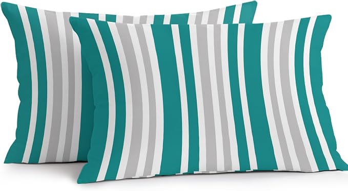 Teal Grey Stripe Outdoor Pillow Covers 20x12 Inch Lumbar Pillow Covers Set of 2 Waterproof Decorative Throw Pillow Cases Farmhouse Minimalist Striped Cushion Covers for Patio Furniture Garden Couch