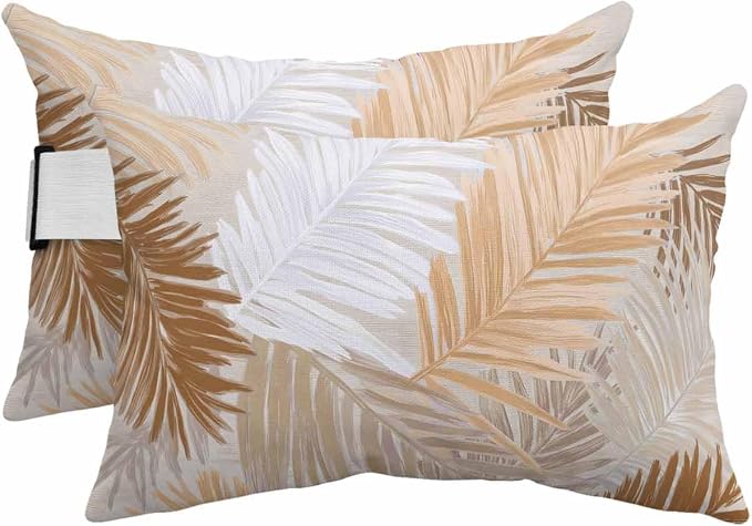 Outdoor Pillows Waterproof Covers Set of 2, Brown Palm Leaves Adjustable Elastic Chaise Lounge Head Resting Pillows, Tropical Leaf Plant Lumbar Pillow for Pool Beach Patio Furniture 11x16 Inch