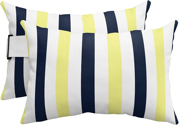 Outdoor Pillows Waterproof Covers Set of 2, Navy Blue Yellow Stripes Adjustable Elastic Chaise Lounge Headrest Pillow Covers, Contrast Striped Lumbar Pillow for Pool Patio Furniture 20x12 Inch