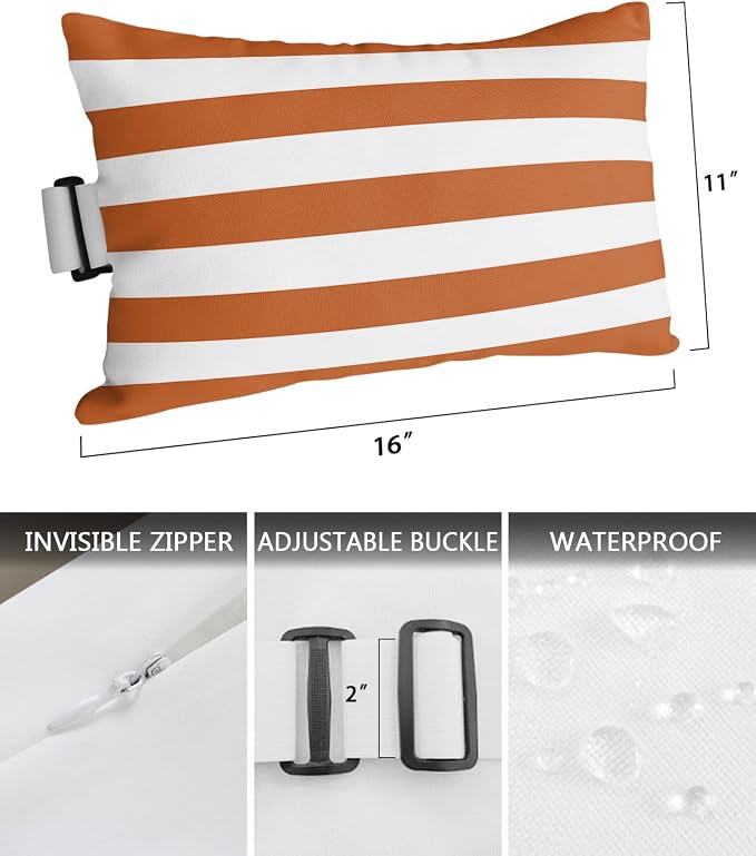 T&H XHome Outdoor Pillow for Chaise Lounge Chair, Orange White Stripe Waterproof Headrest Pillow Lumbar Pillows with Adjustable Elastic Strap for Beach, Poolside, Patio, Office (2 Pack)