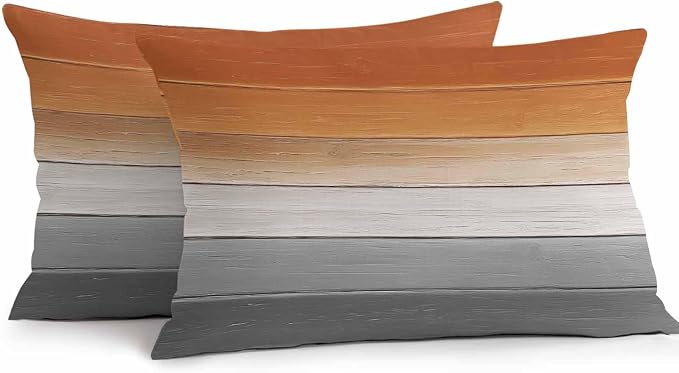 Orange Gray Outdoor Pillow Covers 20x12 Inch Lumbar Pillow Covers Set of 2 Waterproof Decorative Throw Pillow Cases Farmhouse Retro Gradient Wooden Grain Cushion Covers for Patio Furniture Garden