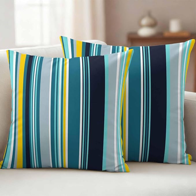 Teal Yellow Stripes Outdoor Pillow Covers Set of 2 Lines Art Waterproof Throw Pillow Cover Decorative Cushion Cases for Patio Porch Garden 16X16 Inch