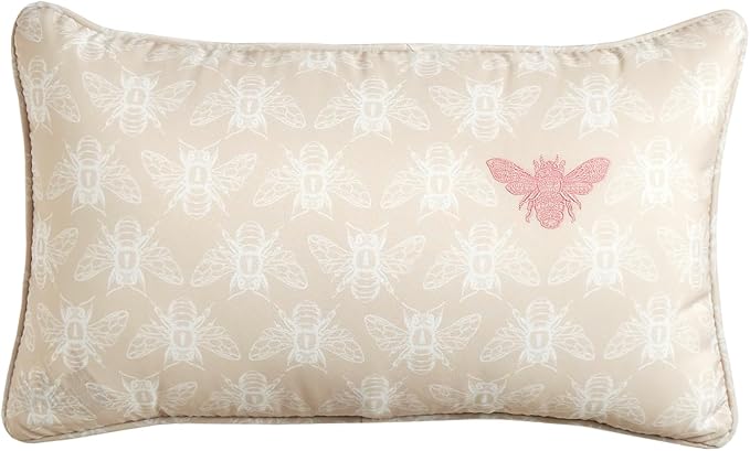 Honeycomb Indoor/Outdoor Lumbar Pillow for Patio Furniture, 20 x 12 | Chamomile Beige Embroidered Bumble Bee Throw Pillow, Water & Fade Resistant for Patio Furniture Set