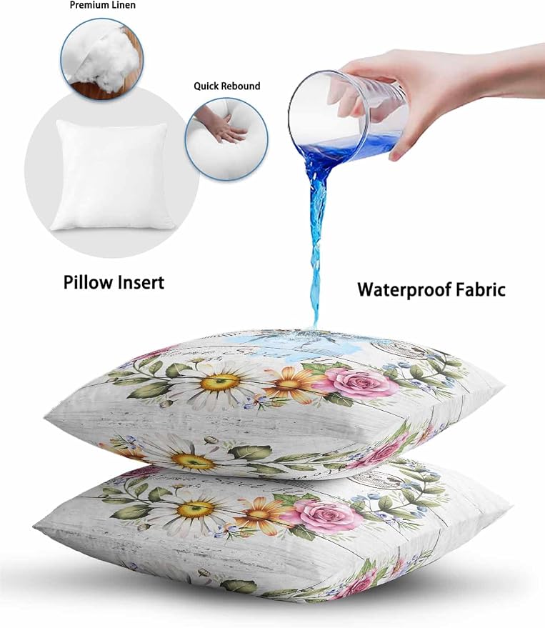 Outdoor Waterproof Throw Pillows Rustic Bee Flower Wreath Patio Pillows Pack of 2,Decorative Pillow Covers with Insert,Pillow Cushion Case for Garden Couch Sofa Farmhouse White Wood Board