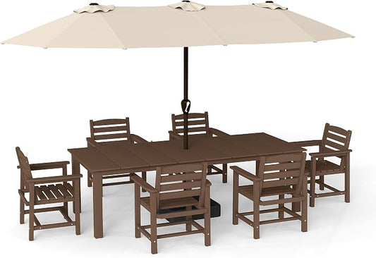 HDPE 7-Piece Outdoor Dining Set with 15FT Umbrella, Brown | All-Weather Patio Table and Chairs for 6, Fade-Resistant Patio Furniture Dining Set for Lawn, Garden, Deck, Backyard