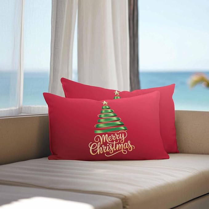 Red Christmas Tree Lumbar Pillow Covers 12 x 20 Inches, Green Xmas Tree with Star Waterproof Throw Pillow Cover Set of 2, Christmas Red Decorative Rectangle Cushion Covers for Patio/Couch