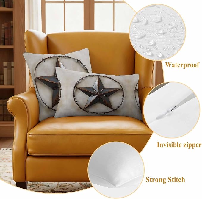 Farmhouse Vintage Waterproof Outdoor Pillow Covers Set of 2 Home Decor, Country Western Texas Star Aesthetic Pillowcase Patio Pillow Covers for Couch Bench Furniture Garden 20x12in