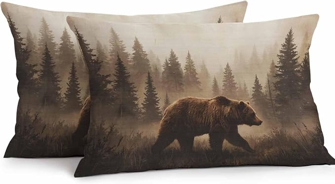 Yukro Nature Landscape Outdoor Waterproof Pillow Covers Pack of 2, Rustic Brown Bear Misty Forest Pine Tree Throw Pillowcases Decorative Cushion Covers for Garden Patio Tent Sofa Couch, 20x12 inch