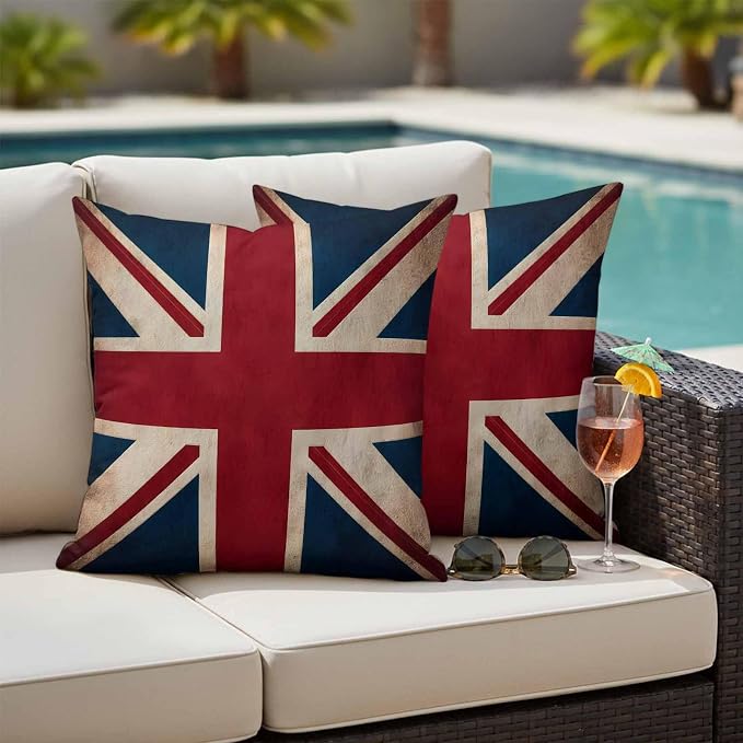 4th of July Outdoor Throw Pillows Covers 16x16 inch Set of 2 Waterproof British Flag Decorative Zippered Cushion Covers for Patio Furniture, Vintage National Flag Independence Day Lumbar Pillowcases