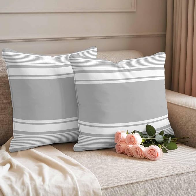 Vandarllin Outdoor Throw Pillows Covers 20x20 inch Set of 2 Waterproof Grey Stripes Decorative Zippered Cushion Covers for Patio Furniture, Striped Lines Lumbar Pillowcases