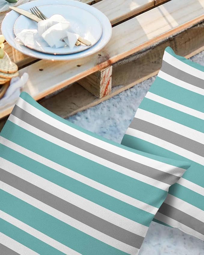 Outdoor Waterproof Throw Pillow Covers Set of 2 Grey Teal Stripes Decorative Outdoor Pillows Cushion Case 26x26 Inch Classic Striped Patio Pillows for Couch Sofa Bed Garden Office Home Decor