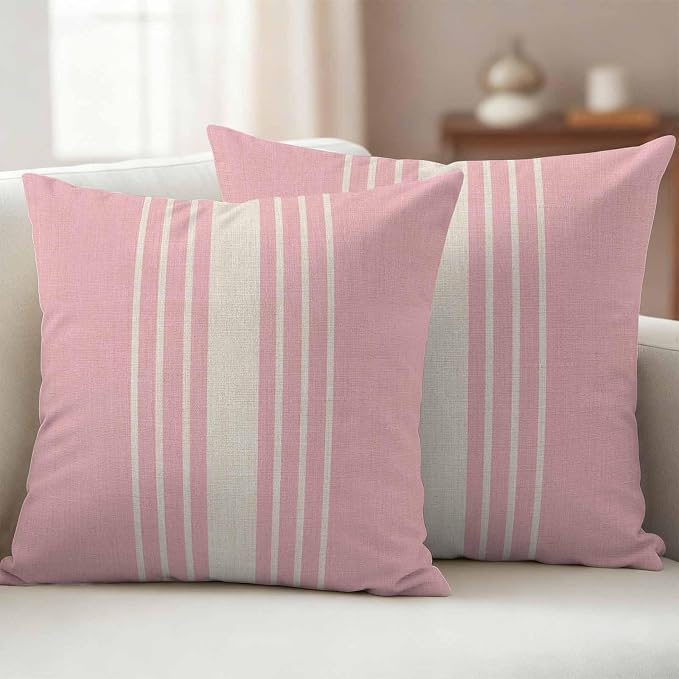 Pink Beige Striped Outdoor Pillow Covers 18x18 Inch Throw Pillow Covers Set of 2 Waterproof Decorative Pillow Cases Modern Farmhouse Retro Lines Cushion Covers for Patio Furniture Garden Couch Sofa